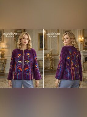 Vintage Alex Kim Embroidered Floral Jacket Women M Purple Boho Art Wear Rayon